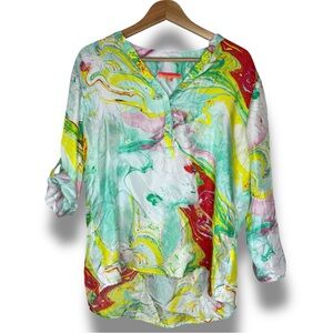 Vilagallo Colorful Rolltab Sleeve V-Neck High Low Silk Blouse Size 12